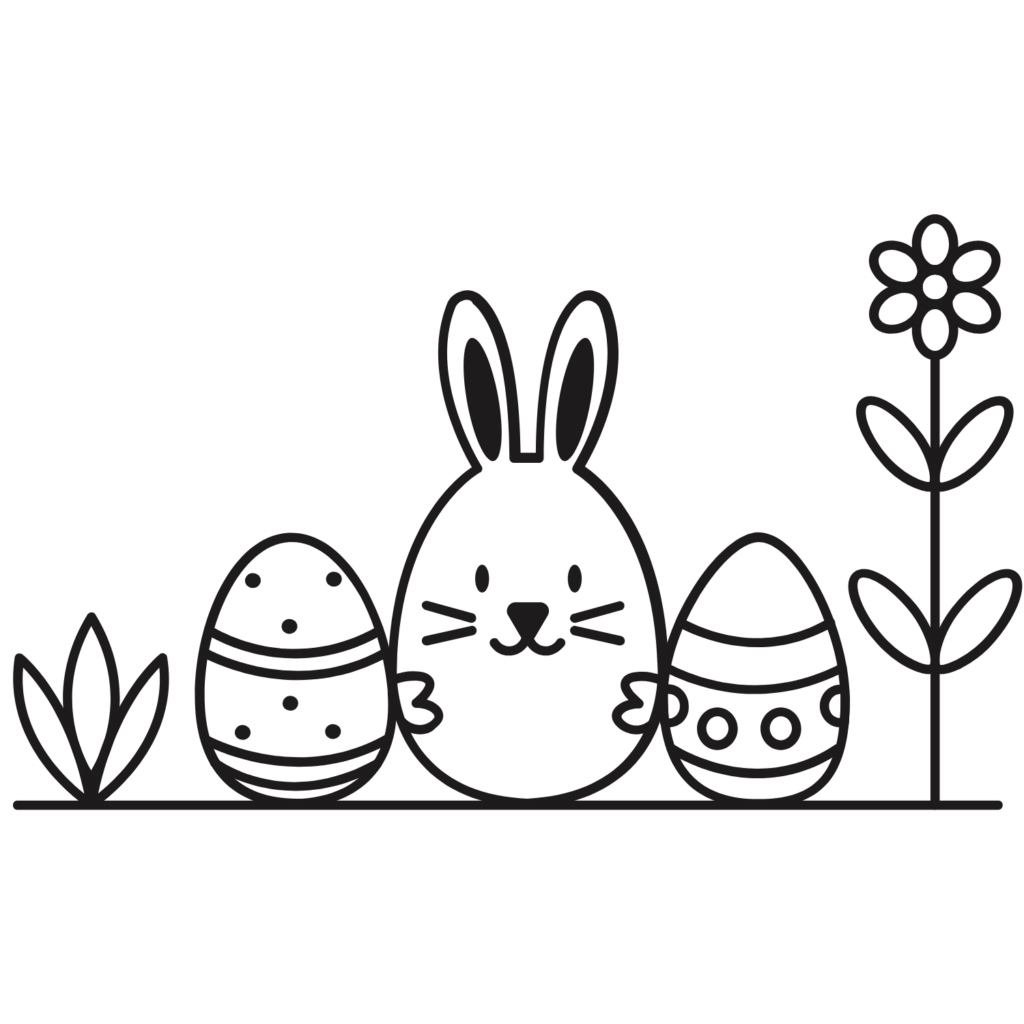 Line drawing of a bunny with two decorated Easter eggs, plants, and a flower on the ground line at right edge.