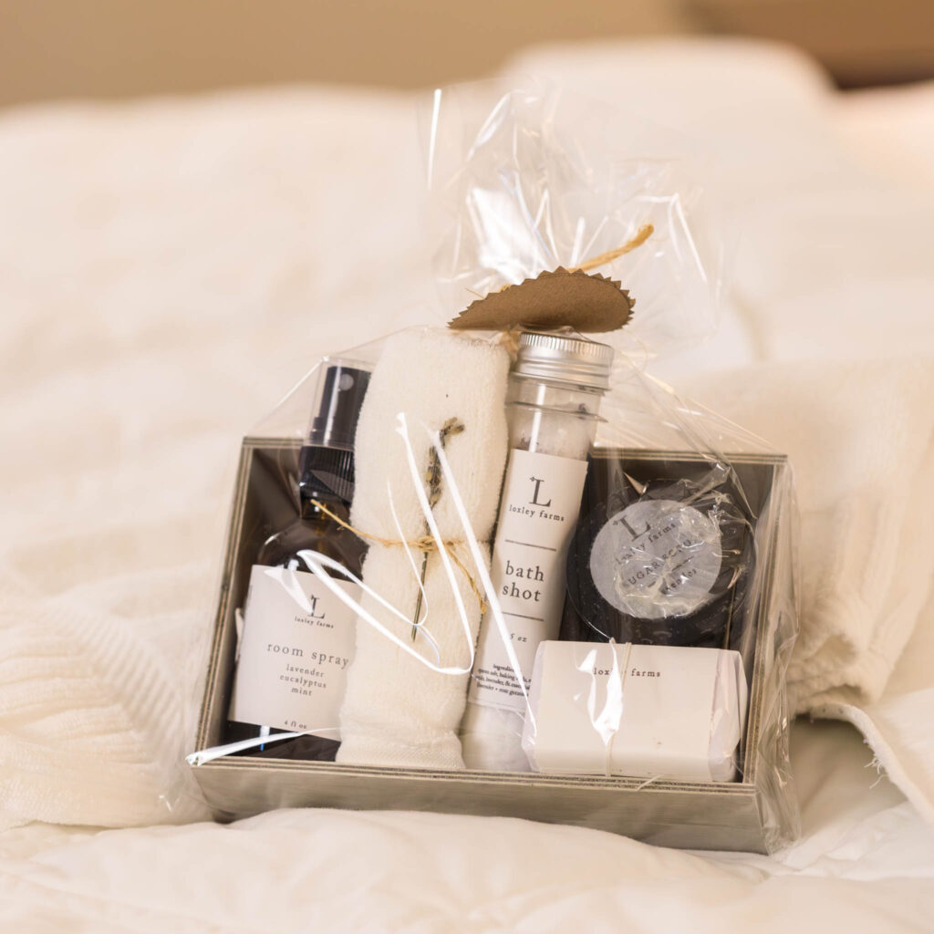 Gift box filled with bath products from local Hanover shop Loxley farms.