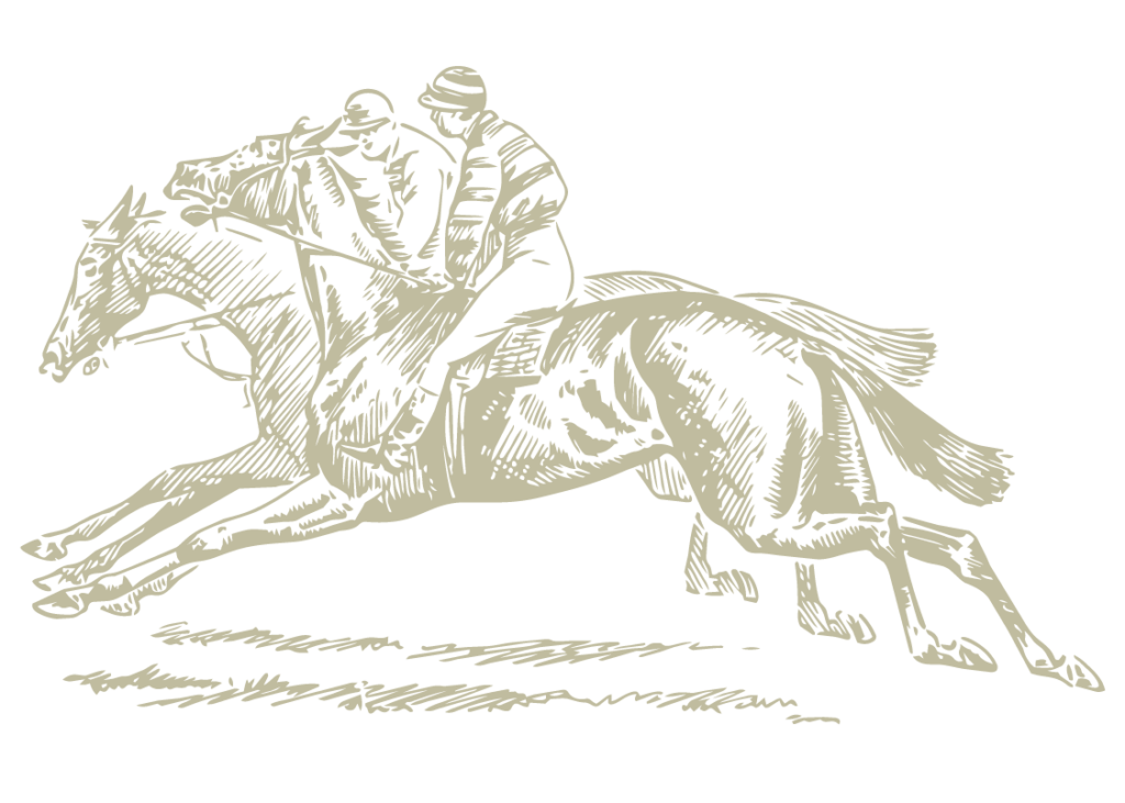 Two jockeys ride a racing horse mid-leap, streaking forward with reins tight and dust beneath hooves.