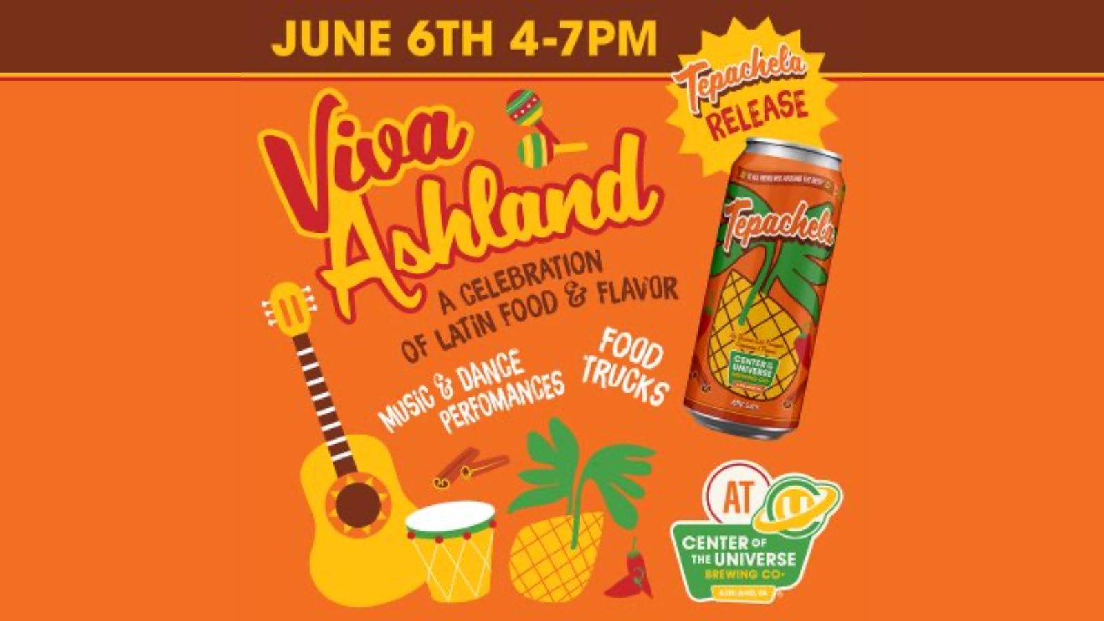 Promotional poster for a Latin food festival with Tepache drink, live music, dance performances, and food trucks on June 6, 4–7 PM.