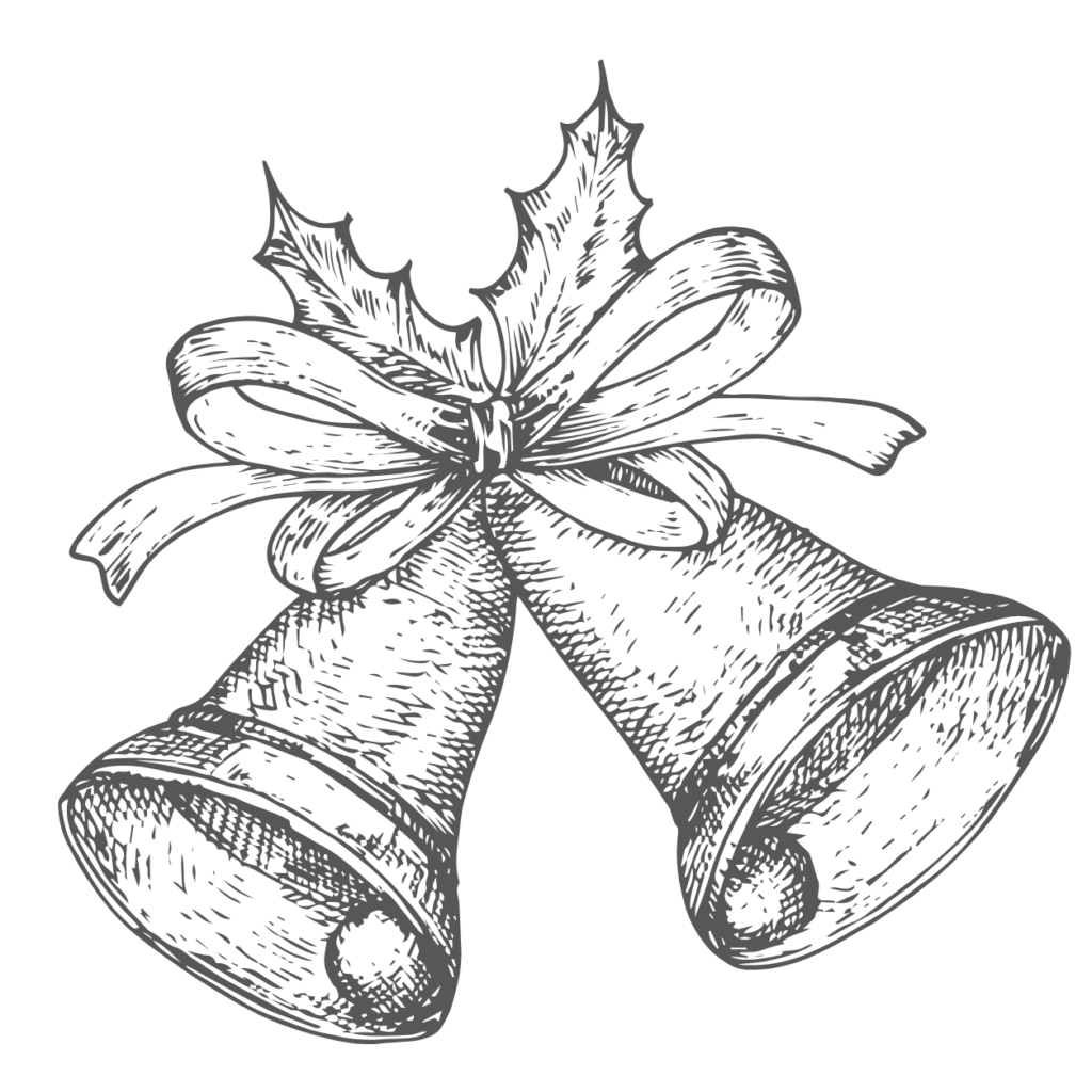 Two outlined Christmas bells tied with a bow, in a vintage sketch style