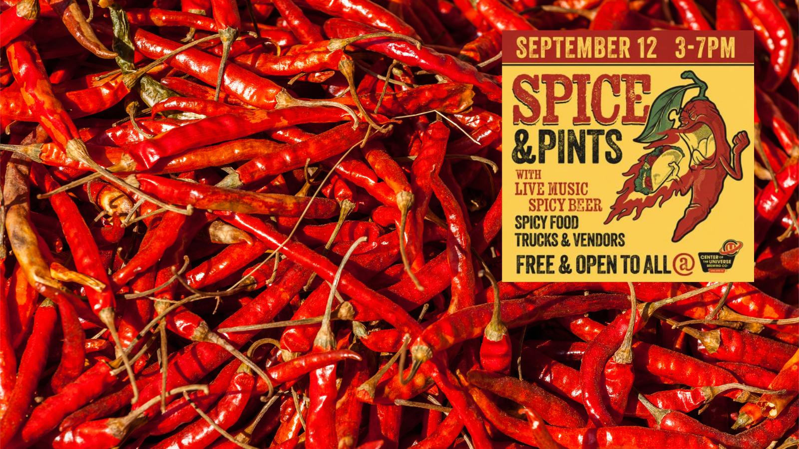 Pile of red chili peppers with a yellow festival poster on the right that reads ‘SPICE & PINTS’ and lists live music and spicy food (Sept 12, 3–7PM).